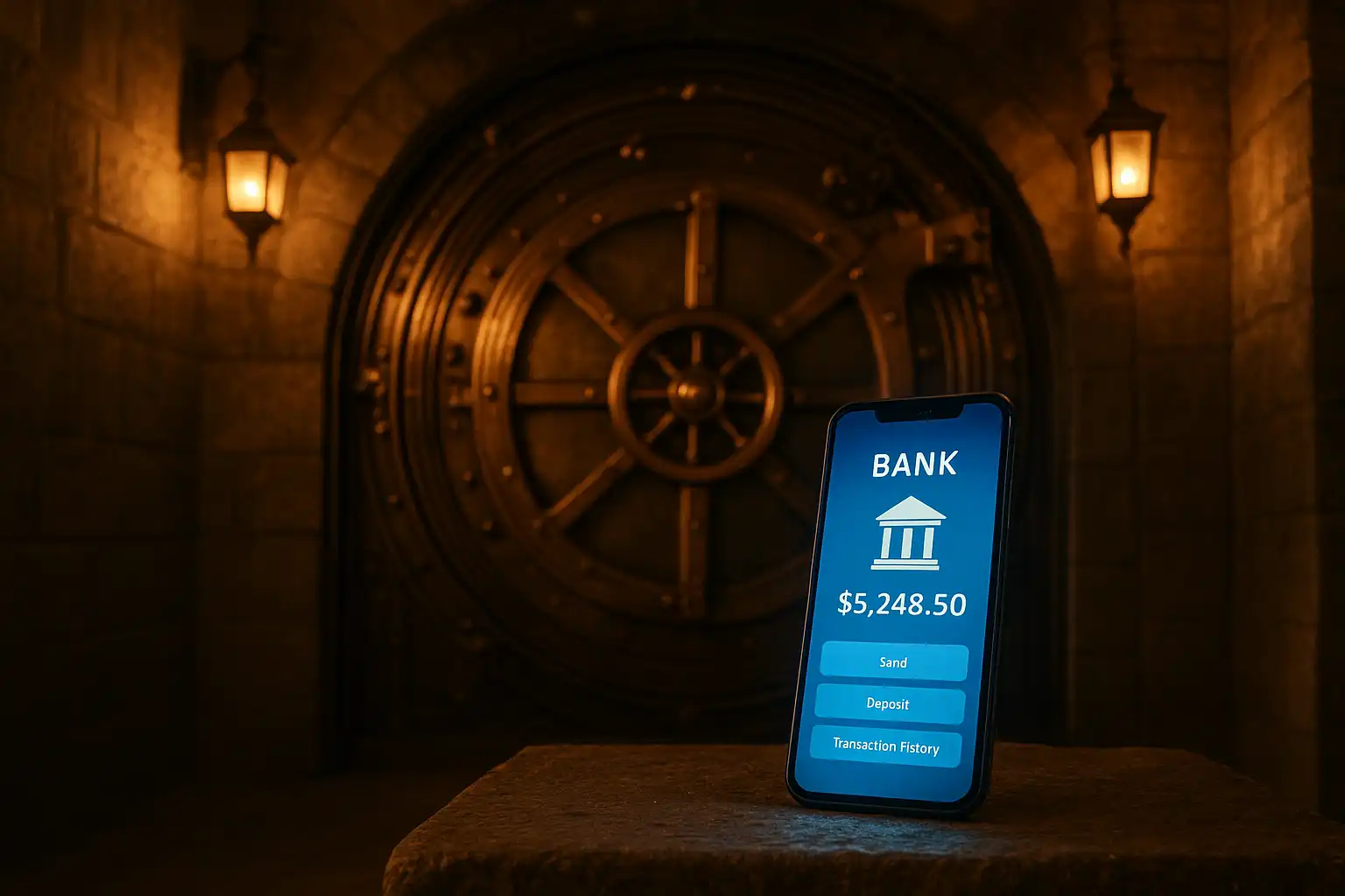 Smartphone mit Banking-App vor einer Tresortür im Bavarian Vault von CrownPokies