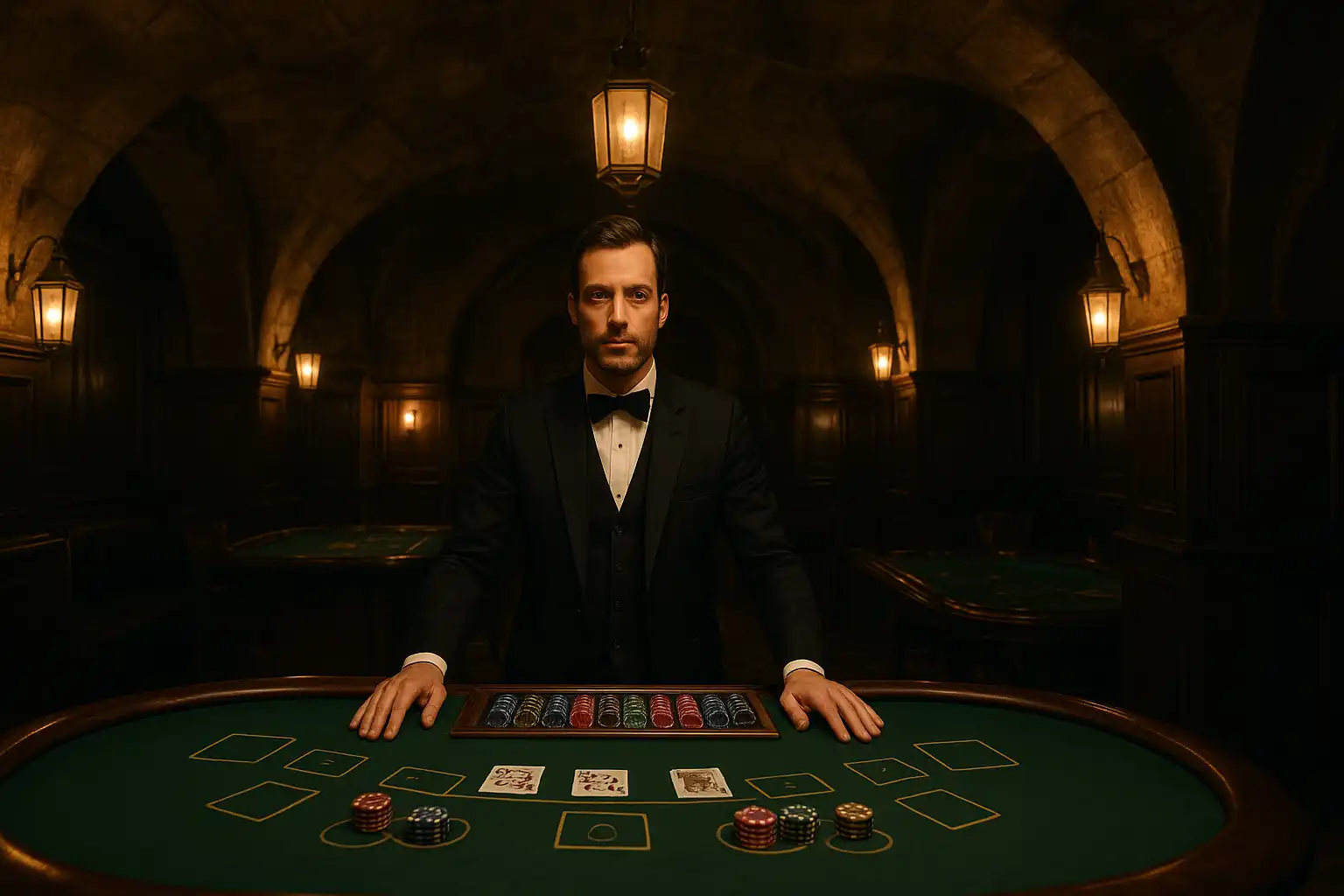 Ein Croupier steht an einem Spieltisch im Bavarian Vault von CrownPokies, umgeben von Kerzenlicht und Eichenholz