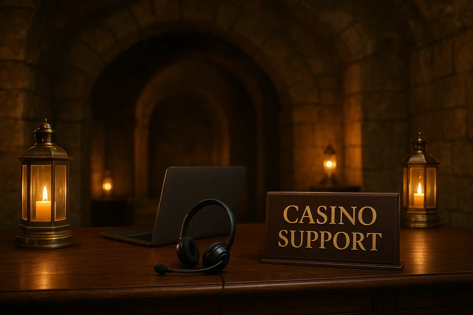 Support-Mitarbeiter am Schreibtisch im Bavarian Vault von CrownPokies mit Laterne und Kopfhörer